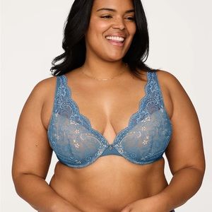 ThirdLove Graphic Lace Plunge Push-Up Bra Azure Blue EUC 38F Plus Size